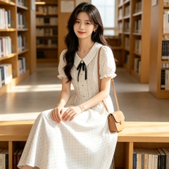 Đầm chấm bi nơ phong cách preppy B635