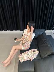 Đồ ngủ Pijama lụa xước hàng hiệu cộc tay họa tiết Hoa Lá DN403240
