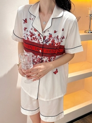 Đồ ngủ Pijama lụa xước hàng hiệu dáng ngắn Trắng viền đen DN401240