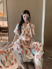 Đồ ngủ Pijama lụa xước hàng hiệu cộc tay họa tiết Hoa Hồng DN400240