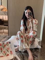 Đồ ngủ Pijama lụa xước hàng hiệu cộc tay họa tiết Hoa Hồng DN400240