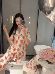 Đồ ngủ Pijama lụa xước hàng hiệu cộc tay họa tiết Hoa Hồng DN400240