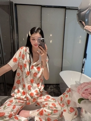 Đồ ngủ Pijama lụa xước hàng hiệu cộc tay họa tiết Hoa Hồng DN400240