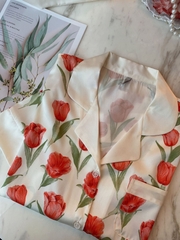 Đồ ngủ Pijama lụa xước hàng hiệu cộc tay họa tiết Hoa Hồng DN400240