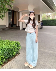 Quần Jean Hồng Nữ Thiết Kế Hè, Cạp Cao, Ống Suông Rộng, Chất Liệu Độc Đáo, Dài Qua Mắt Cá Chân QJ058250
