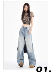 Quần Jean Old Wash Phong Cách Mỹ, Rách Phong Trần, Ống Suông Retro QJ057250