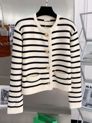 Áo khoác Cardigan len dệt kim kẻ sọc cổ tròn kiểu pháp xu hướng thu đông D316240