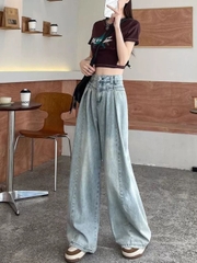 Quần jeans ống rộng xếp ly màu xanh nhạt cạp cao Quảng Châu Xiny QJ050250