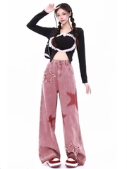 Quần jeans màu hồng họa tiết ngôi sao ống rộng thêu họa tiết dáng suông QJ025250