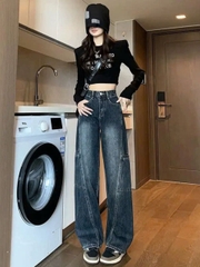 Quần jeans ống rộng công sở cổ điển nữ mùa thu 2024, thiết kế ống đứng Quảng Châu QJ062250