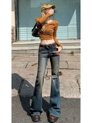 Quần jeans rách phong cách Mỹ hot girl cho nữ, ống loe ôm vừa vặn, retro tôn dáng Quảng Châu QJ064250