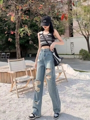 Quần jeans rách beggar nữ mùa hè 2024, mỏng nhẹ, cạp cao ôm sát Quảng Châu QJ065250