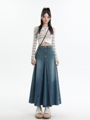 Váy denim xòe retro dáng chữ A xẻ tà cạp cao dáng dài XINY QJ046250