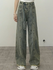 Quần jeans nữ retro đầu thu mới, ống rộng cạp cao ống đứng màu xám, kẻ viền tinh tế Quảng Châu QJ066250