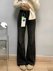 Quần jeans ống loe đen xám cổ điển cho nữ mùa xuân thu, phong cách Mỹ, cạp cao, ống rộng QJ067250