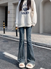 Quần jeans ống loe cạp cao màu xanh cổ điển, thiết kế mới, phong cách hot girl thời thượng QJ069250