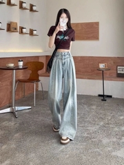 Quần jeans ống rộng xếp ly màu xanh nhạt cạp cao Quảng Châu Xiny QJ050250