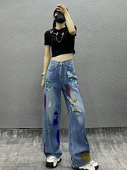 Quần jean rách gối phối sơn cạp cao ống rộng dáng suông dài phong cách HIP HOP QJ018250