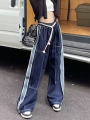 Quần jeans cạp chun, ống rộng cạp cao màu xanh phối viền sọc, thời trang QJ087250