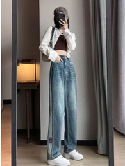 Quần jeans ống suông màu xanh viền xám, cạp cao, phong cách thời trang, thoải mái QJ100250