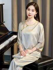 Bộ đồ ngủ lụa băng phong cách Trung Hoa màu vàng mỏng, jacquard cao cấp, kiểu dáng retro DN118250