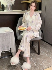 Bộ đồ ngủ phong cách Trung Quốc lụa băng tay dàI, cao cấp, mùa hè, nút cổ điển DN124250