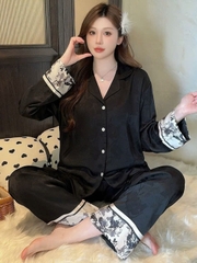 Bộ đồ ngủ lụa băng phong cách mùa xuân mới , quần dài, tay áo cardigan jacquard cao cấp DN125250