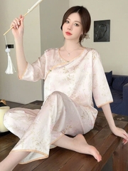 Bộ đồ ngủ phong cách Trung Hoa, in hình lá tre, cao cấp, phong cách cổ điển DN127250