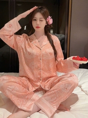 Bộ đồ ngủ lụa băng cao cấp, quần dài cổ V tay dài, thanh lịch, thoải mái DN130250