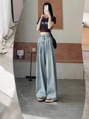 Quần jeans ống rộng xếp ly màu xanh nhạt cạp cao Quảng Châu Xiny QJ050250