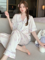 Bộ đồ ngủ lụa băng cho nữ mùa hè, mỏng nhẹ, tay ngắn in họa tiết ngọt ngào DN141250