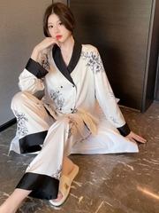 Bộ đồ ngủ áo len cardigan dài tay bằng lụa băng, phong cách Pháp cổ điển DN142250