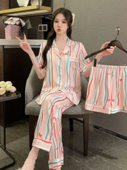 Bộ đồ ngủ lụa băng nữ cổ chữ V tay ngắn, bộ đồ ba mảnh kẻ sọc màu hồng DN144250