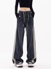 Quần jeans ống rộng ống đứng kẻ sọc đen giặt rộng rãi phong cách retro QJ028250