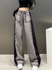 Quần jeans ống rộng thẳng lưng cao màu xám và đen thiết kế QJ029250