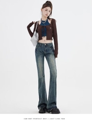 Quần jeans ống loe cạp trễ cổ điển phong cách Mỹ thêu họa tiết QJ030250