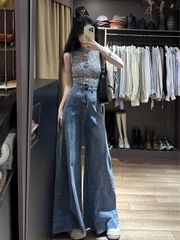 Quần jean cạp cao ống rộng dáng suông dài phong cách Hàn Quốc QJ015250