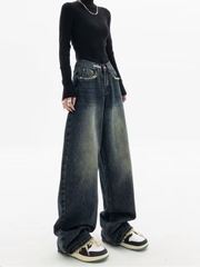 Quần jeans ống rộng cap cao chun dáng suông phong cách cổ điển QJ024250