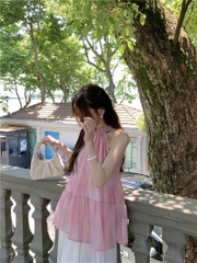 Đầm voan maxi cổ yếm hồng loang nhẹ nhàng tiểu thư đi chơi du lịch phong cách Hàn Quốc hiện đại xu hướng D102240