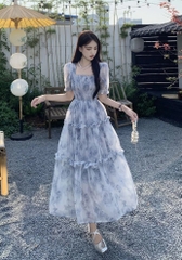 Váy midi hoa cổ vuông cổ điển phong cách cổ tích váy dài có viền nấm nàng thơ đi chơi hottrend D105240