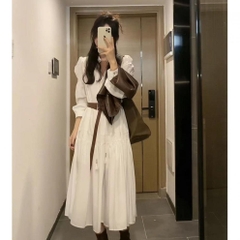 Đầm trắng midi phối áo da nâu phong cách trẻ trung hiện đại Hàn Quốc mới nhất đi chơi du lịch hottrend D106240