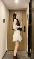 Đầm trắng midi phối áo da nâu phong cách trẻ trung hiện đại Hàn Quốc mới nhất đi chơi du lịch hottrend D106240