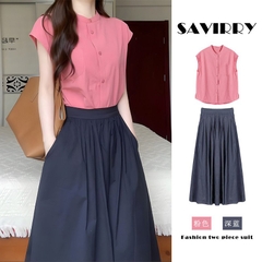 Set áo hồng váy xanh mùa hè phong cách Hàn Quốc đi làm, đi chơi xu hướng hè mới D113240