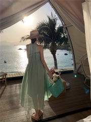 Đầm voan xanh cổ yếm tiểu thư nhẹ nhàng phong cách nàng thơ đi biển đi chơi hottrend xu hướng hè mới D118240