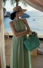 Đầm voan xanh cổ yếm tiểu thư nhẹ nhàng phong cách nàng thơ đi biển đi chơi hottrend xu hướng hè mới D118240
