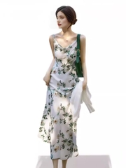 Đầm lụa 2 dây in hoa hồng thanh lịch phong cách Hàn Quốc xu hướng hotttrend hè mới nhất D122240