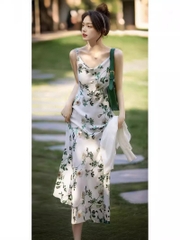 Đầm lụa 2 dây in hoa hồng thanh lịch phong cách Hàn Quốc xu hướng hotttrend hè mới nhất D122240