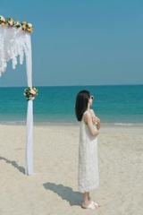 Váy hai dây trắng hoa nổi + áo sơ mi xanh phong cách Hàn Quốc hiện đại trẻ trung xu hướng hè D138240