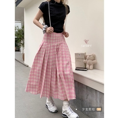 Chân váy kẻ hồng xếp li dáng dài phong cách Hàn Quốc hiện đại dễ mix đồ bán chạy D156240
