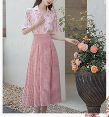 Set váy áo cao cấp tone hồng phong cách Hồng Kông cho nằng tiểu thư thanh lịch xu hướng bán chạy D158240